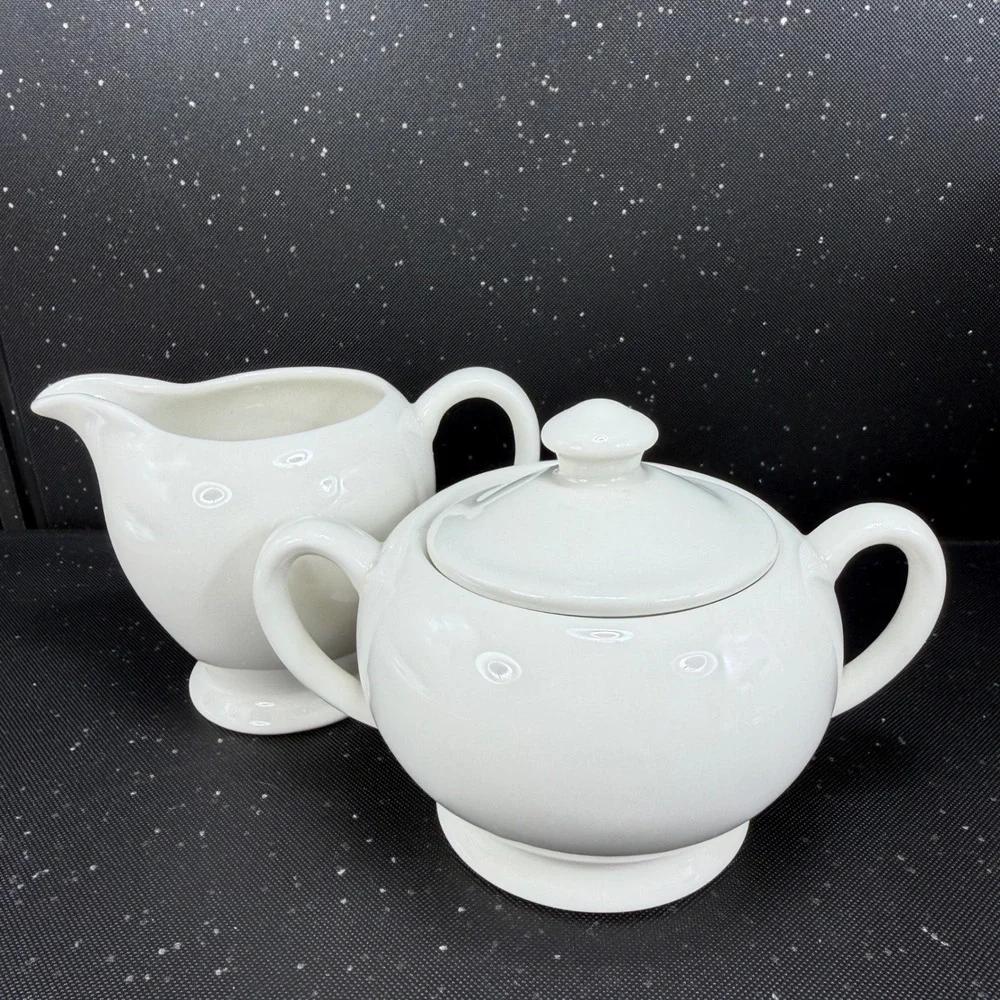 Crate & Barrel White Ceramic Sugar Bowl with‎ Lid and Creamer Set Made in India